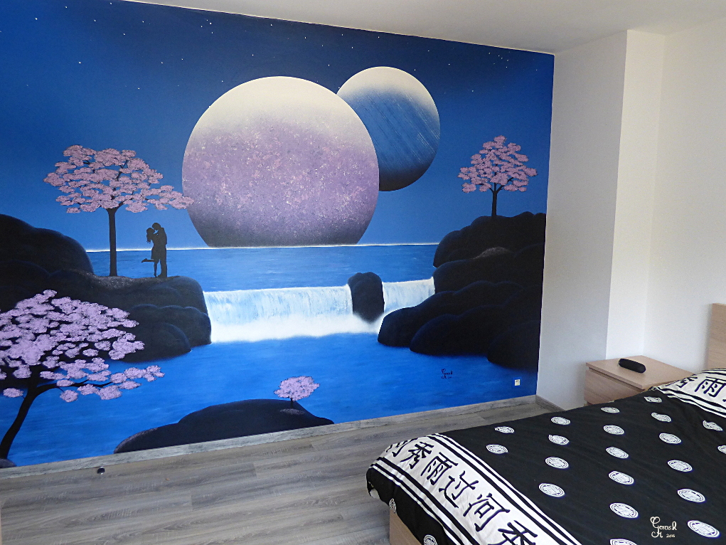 Peinture murale d'une chambre parentale: Une peinture fantastique avec inspiration asiatique.